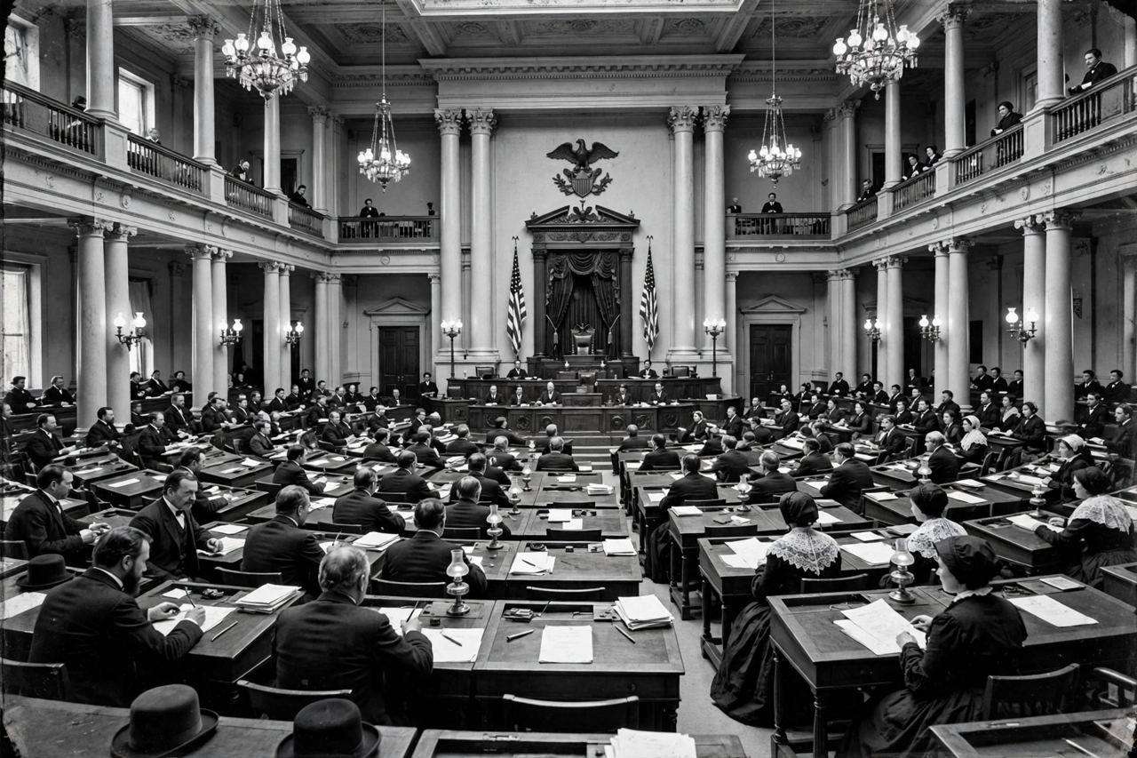 Historic black and white style image of the US Senate chamber with rows of desks