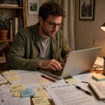 A screenwriter working on a script at a desk