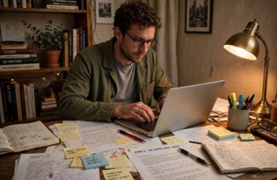 A screenwriter working on a script at a desk