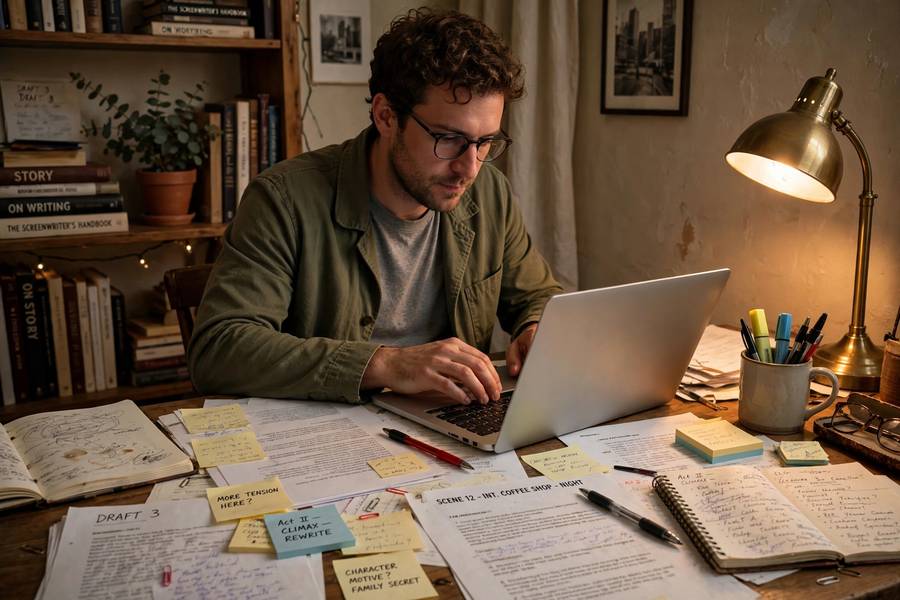 A screenwriter working on a script at a desk