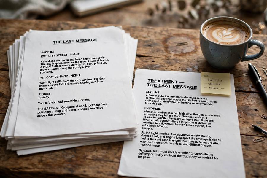 Printed screenplay pages and a treatment on a desk