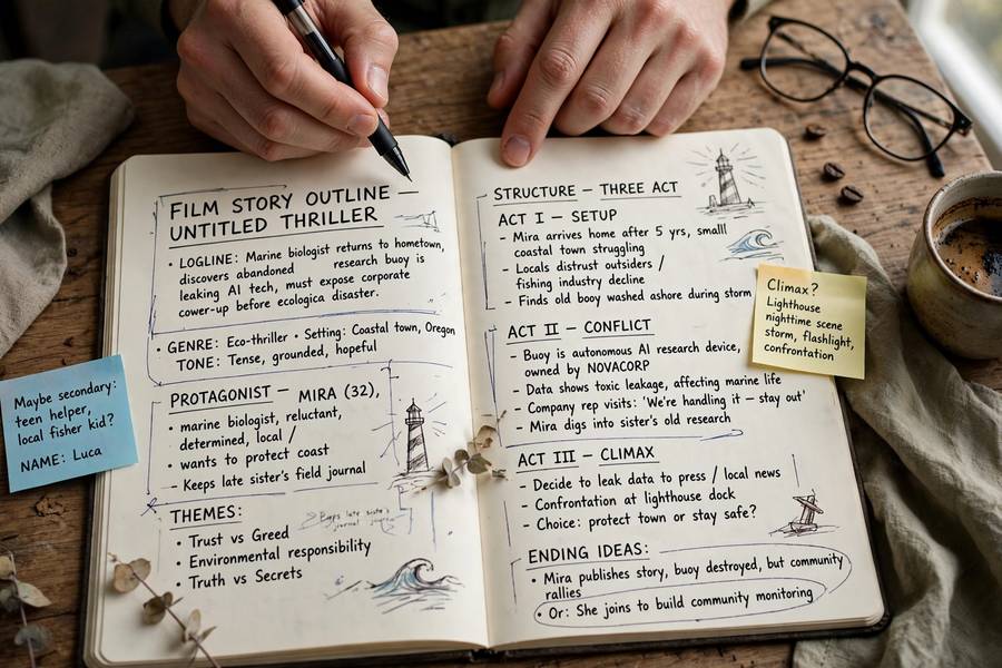 Outlining a film story in a notebook