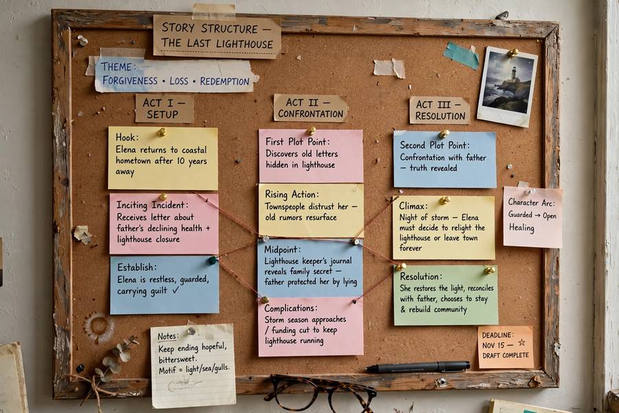 A story structure planned with index cards on a corkboard
