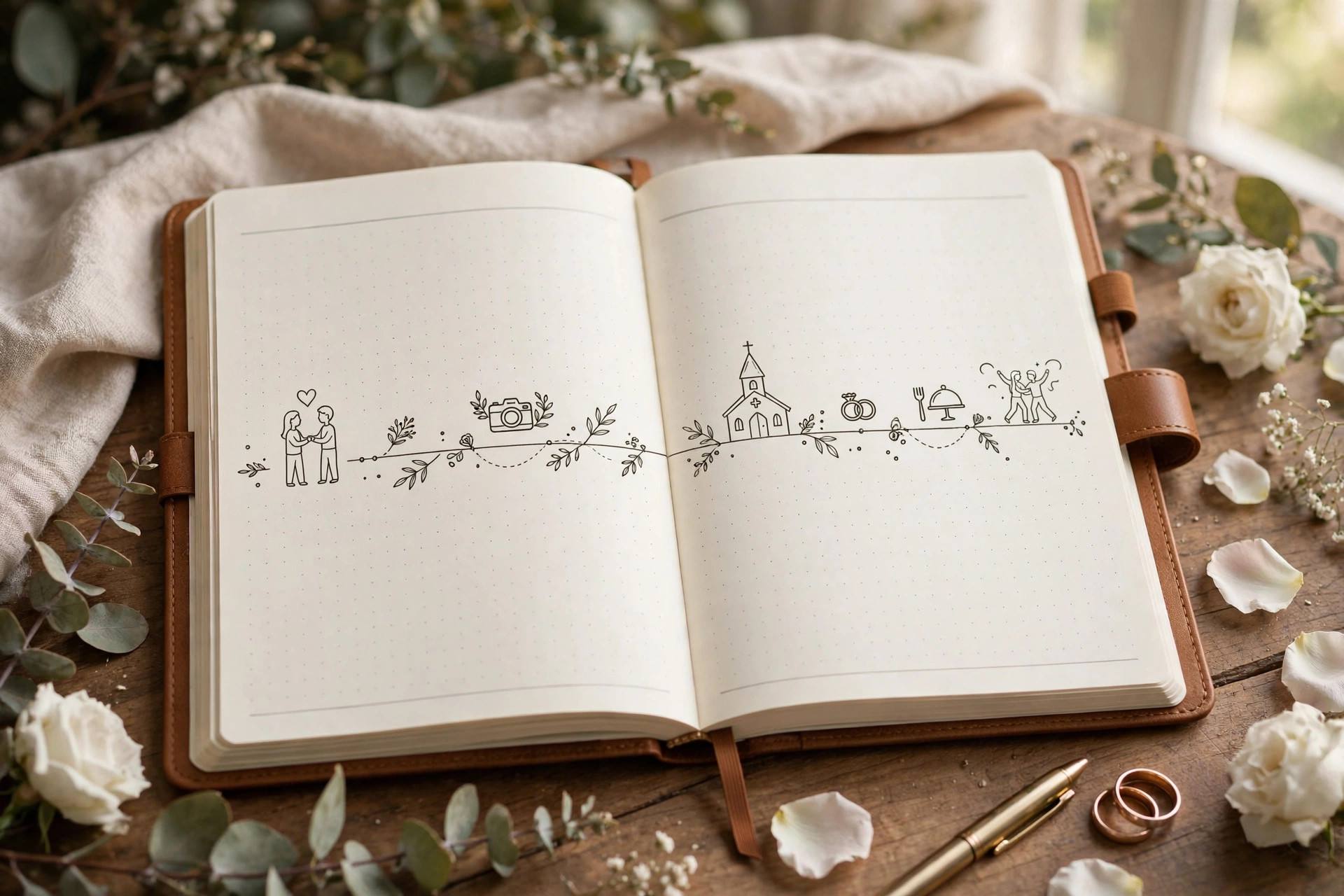Wedding day timeline written in a planner showing first look scheduled before the ceremony