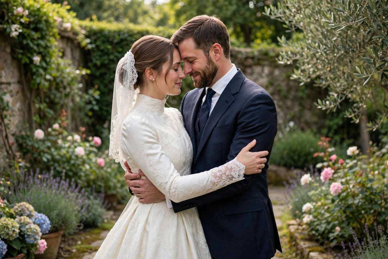 Bride and groom embracing during a private first look moment in a garden setting