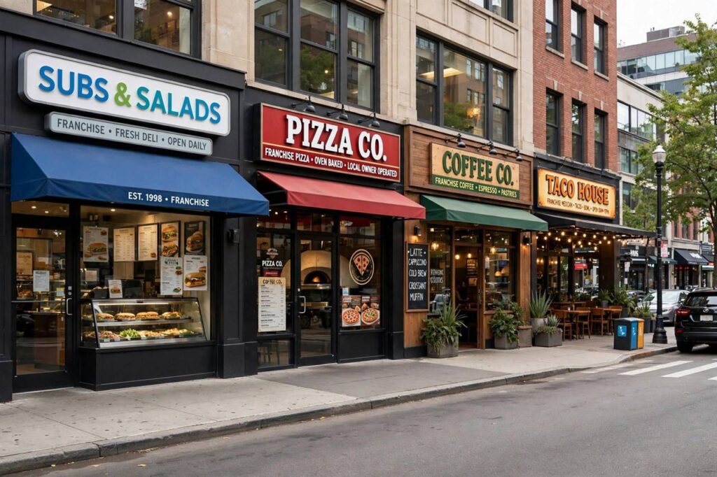 Row of branded franchise restaurant storefronts along a city street