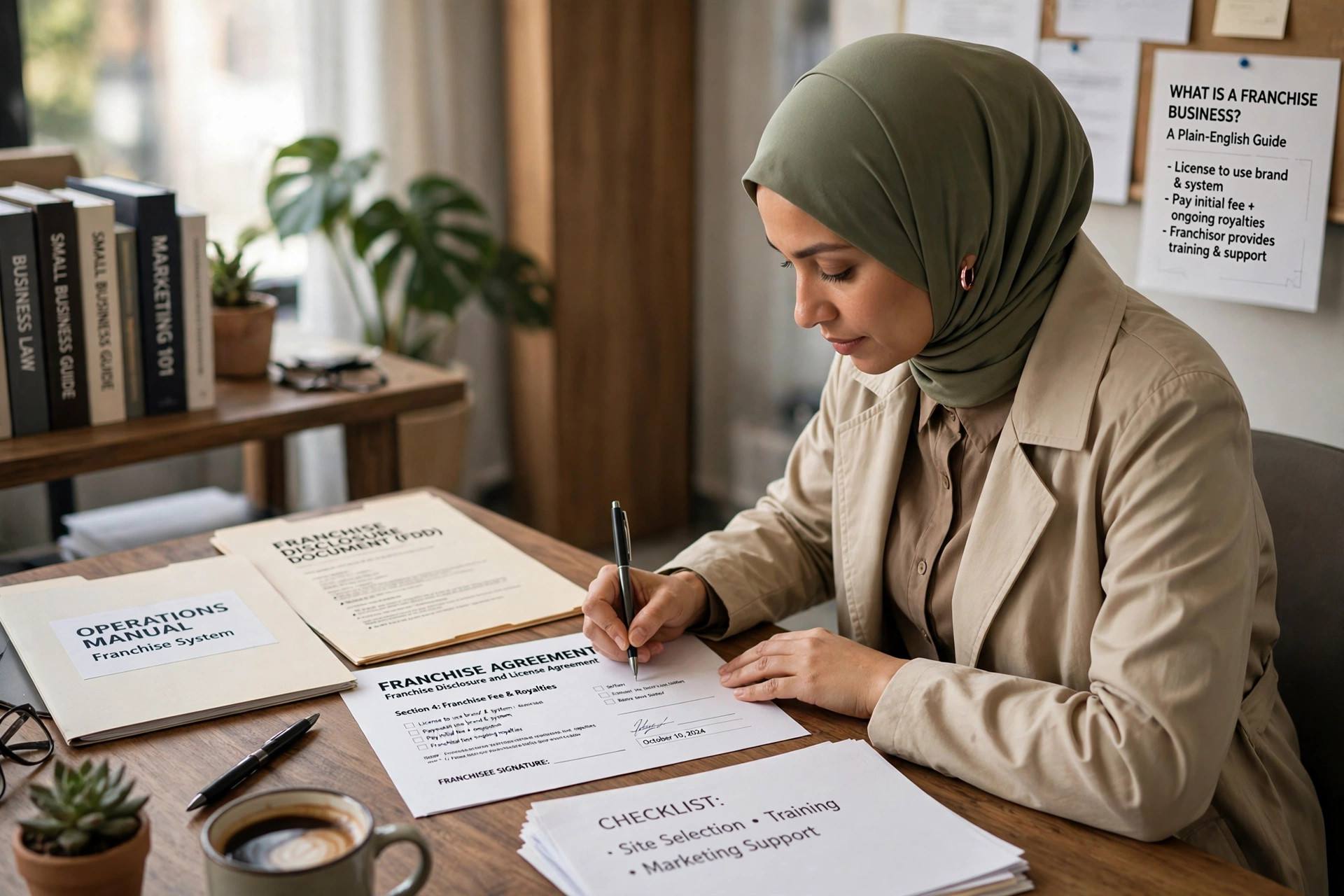 Business owner in full-coverage clothing signing a franchise agreement at a desk