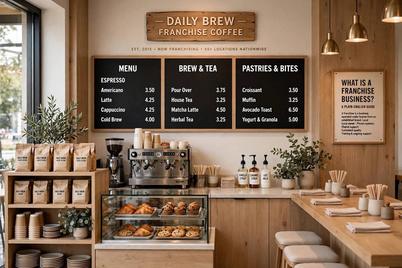Interior of a franchise coffee shop with menu boards on the wall