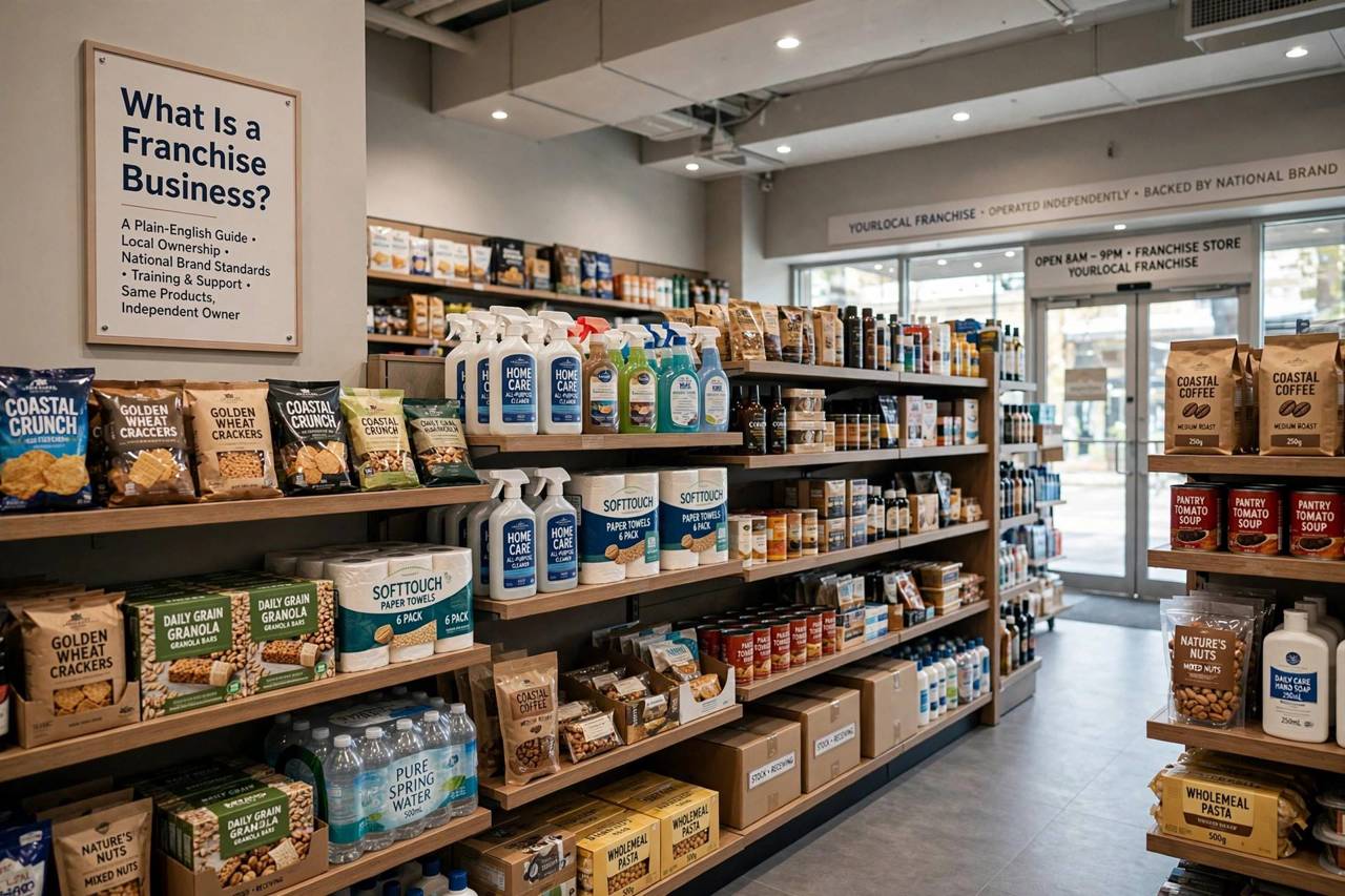 Shelves of branded products inside a franchise retail store