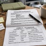 A franchise agreement document with fee details on a desk