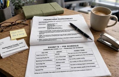 A franchise agreement document with fee details on a desk