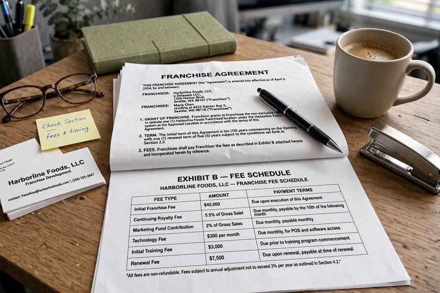 A franchise agreement document with fee details on a desk