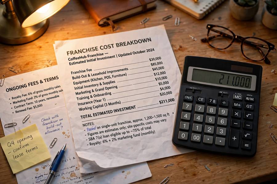 Calculating franchise costs with a calculator and papers