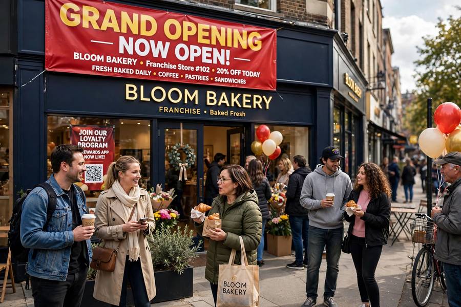 A newly opened franchise store on grand opening day
