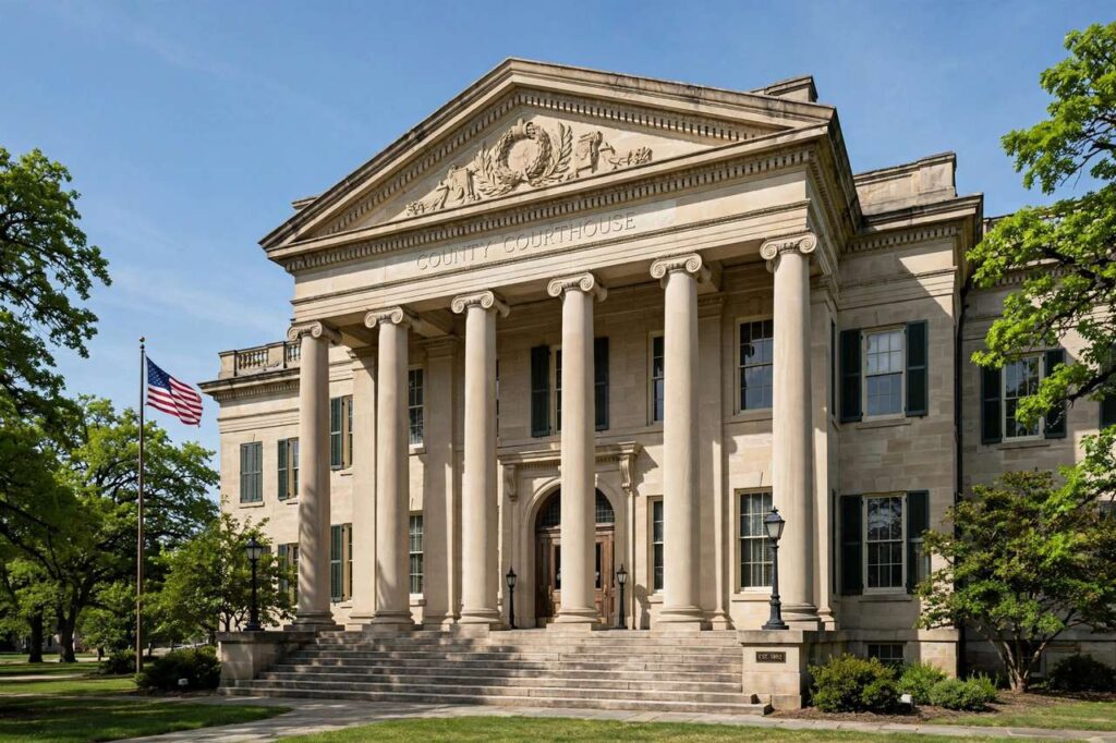 Courthouse exterior with tall stone columns
