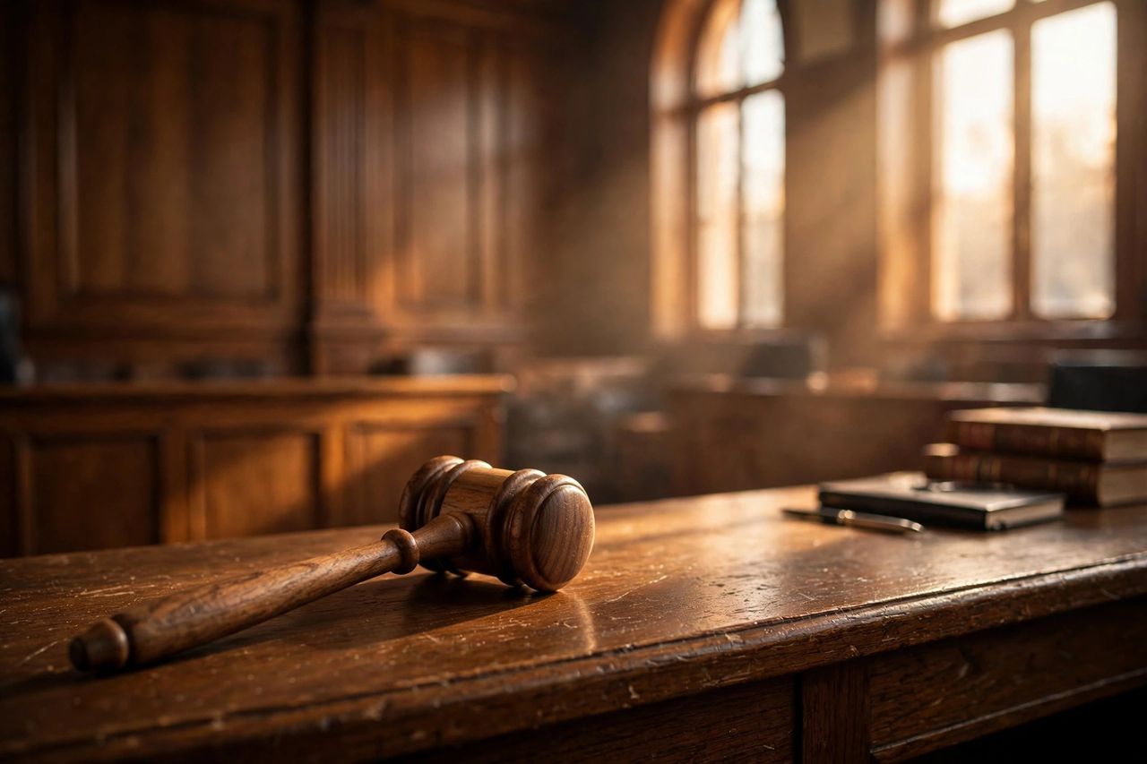Judge's gavel on a wooden bench in a courtroom