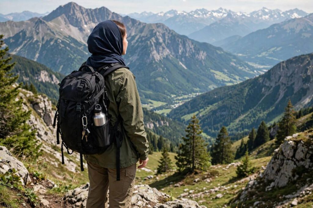 Young woman in modest full-coverage clothing with a backpack looking at a mountain landscape during a gap year trip