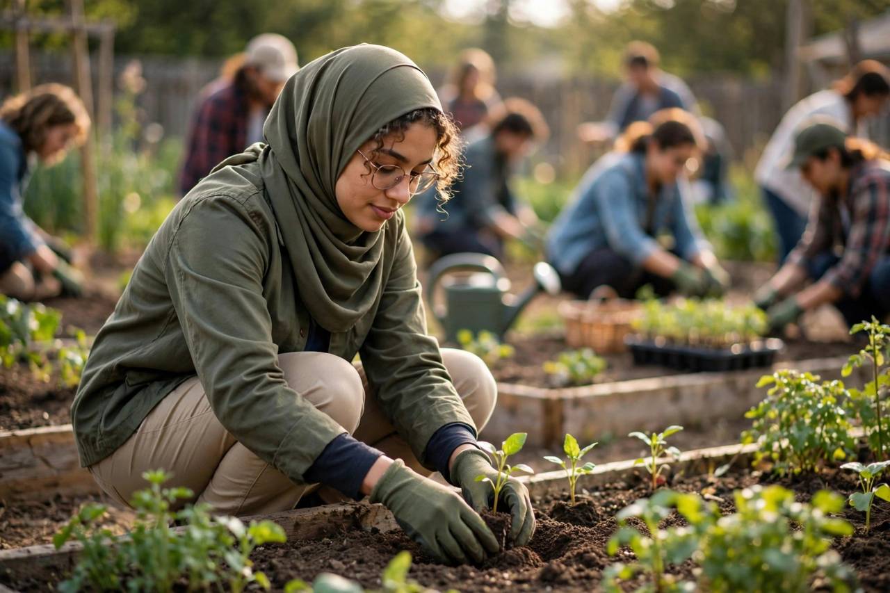 Student in modest clothing volunteering at a community garden during a gap year