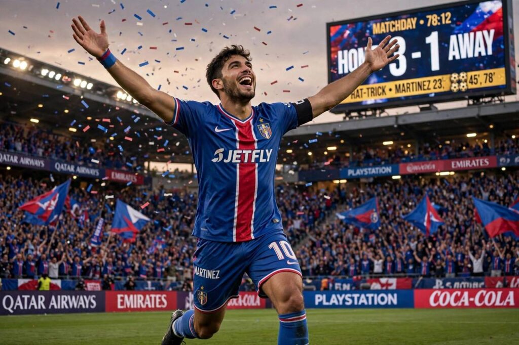 Soccer player celebrating scoring three goals in a match