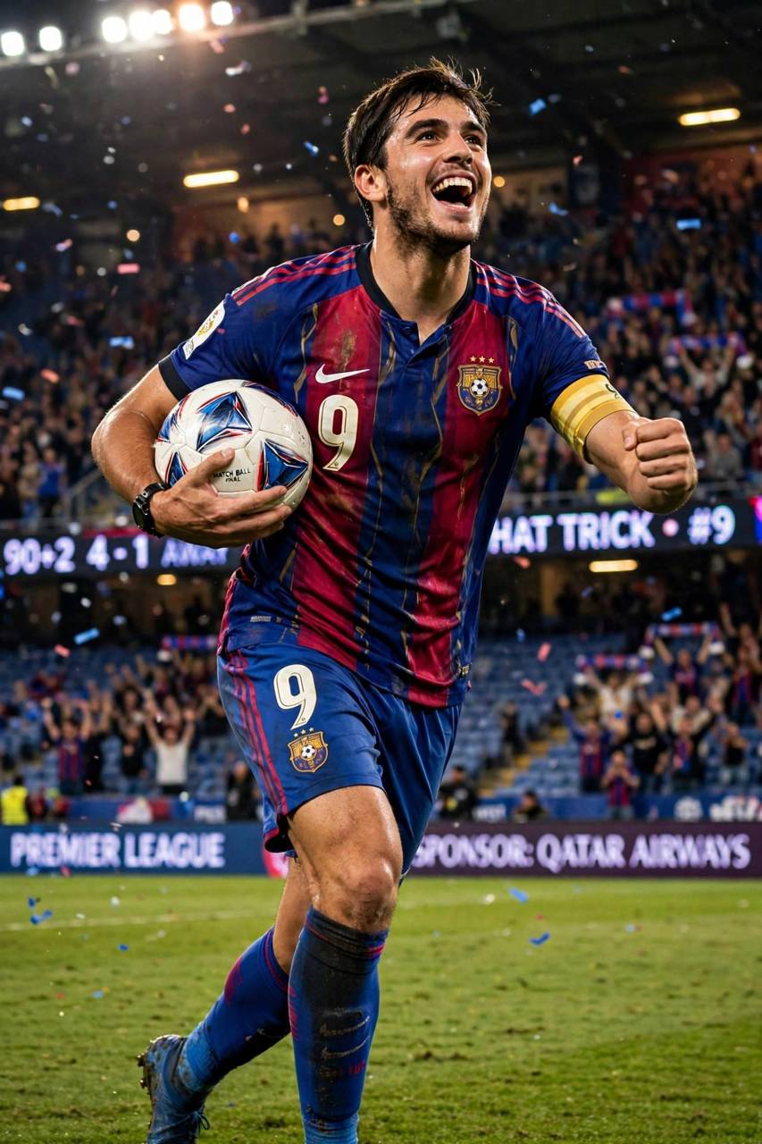Soccer player celebrating a hat trick with the match ball