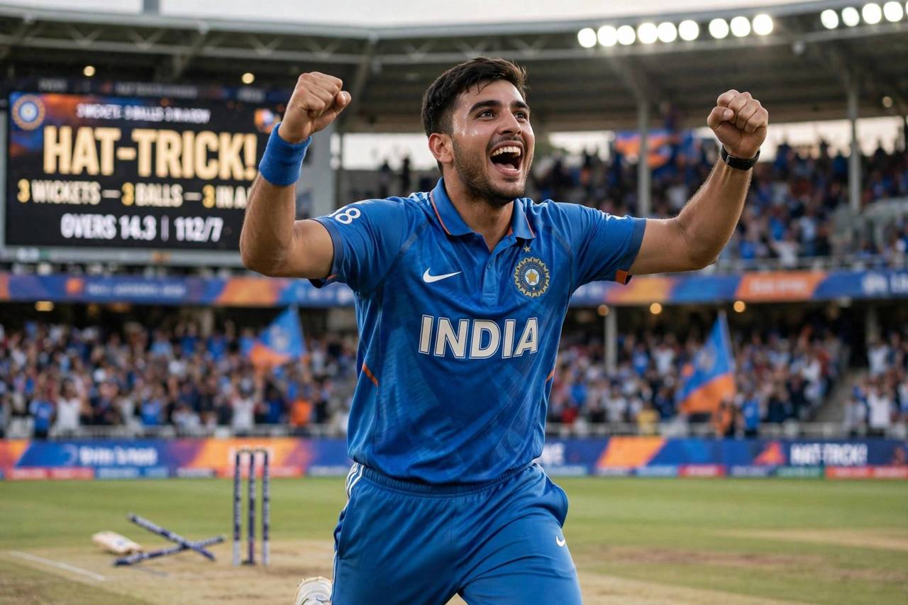 Cricket bowler celebrating taking three wickets in a row