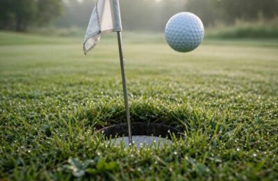 Golf ball about to drop into the cup for a hole in one