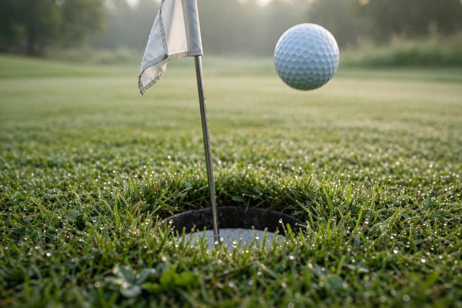 Golf ball about to drop into the cup for a hole in one