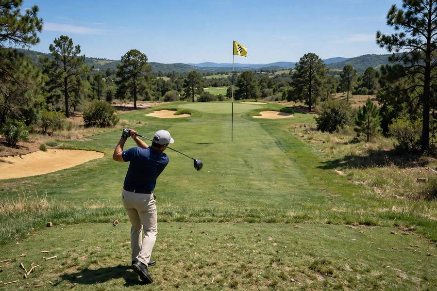 Golfer teeing off on a par 3 where a hole in one can happen