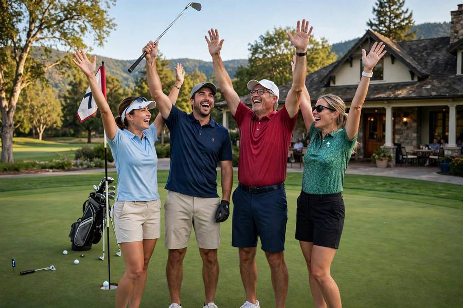 Golfers celebrating a hole in one on the green