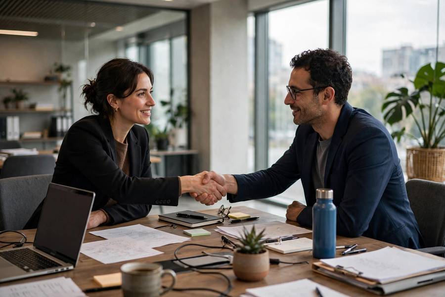 Business partners shaking hands illustrating what is a joint venture agreement