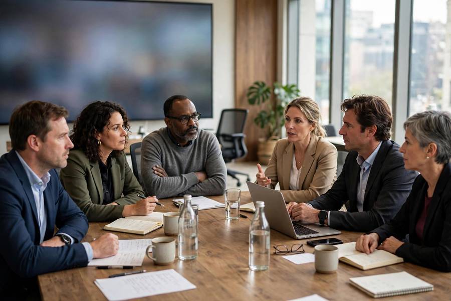Boardroom meeting between companies demonstrating what is a joint venture collaboration