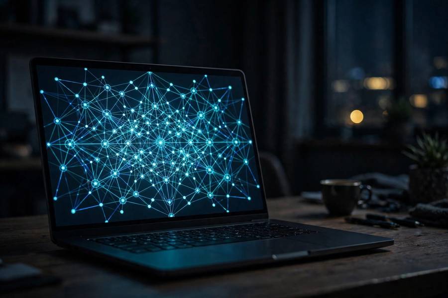 Abstract neural-network pattern glowing on a dark laptop screen — a visual of what a large language model looks like