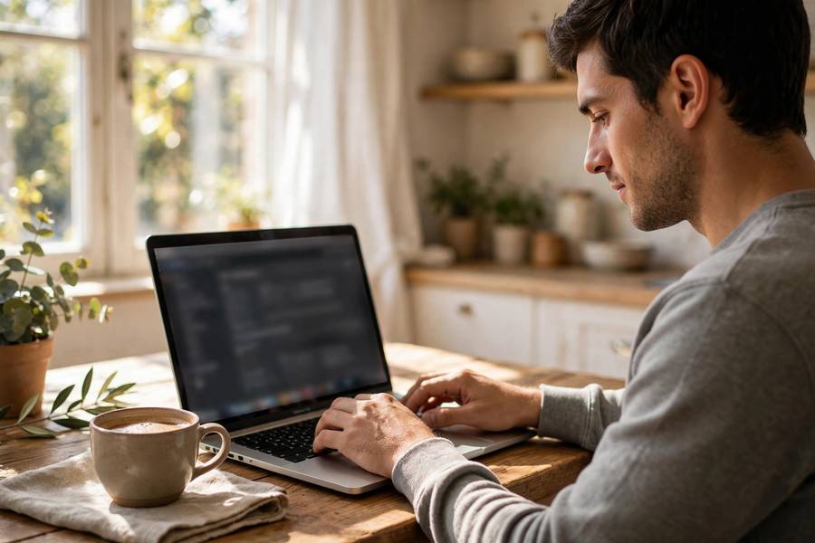 Person typing a question into an AI chatbot on a laptop at a kitchen table
