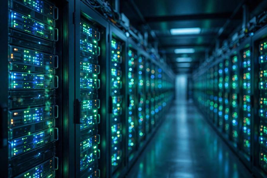 Rows of glowing server racks in a data center where large language models are trained