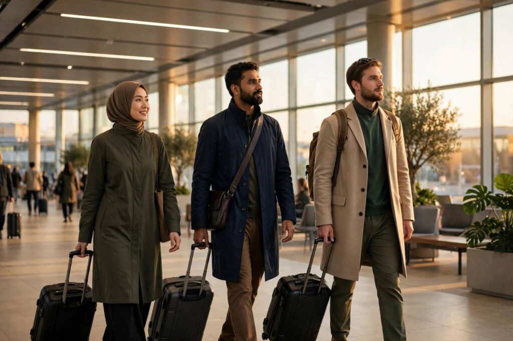 Travelers in modest clothing walking through a bright modern airport terminal during a layover