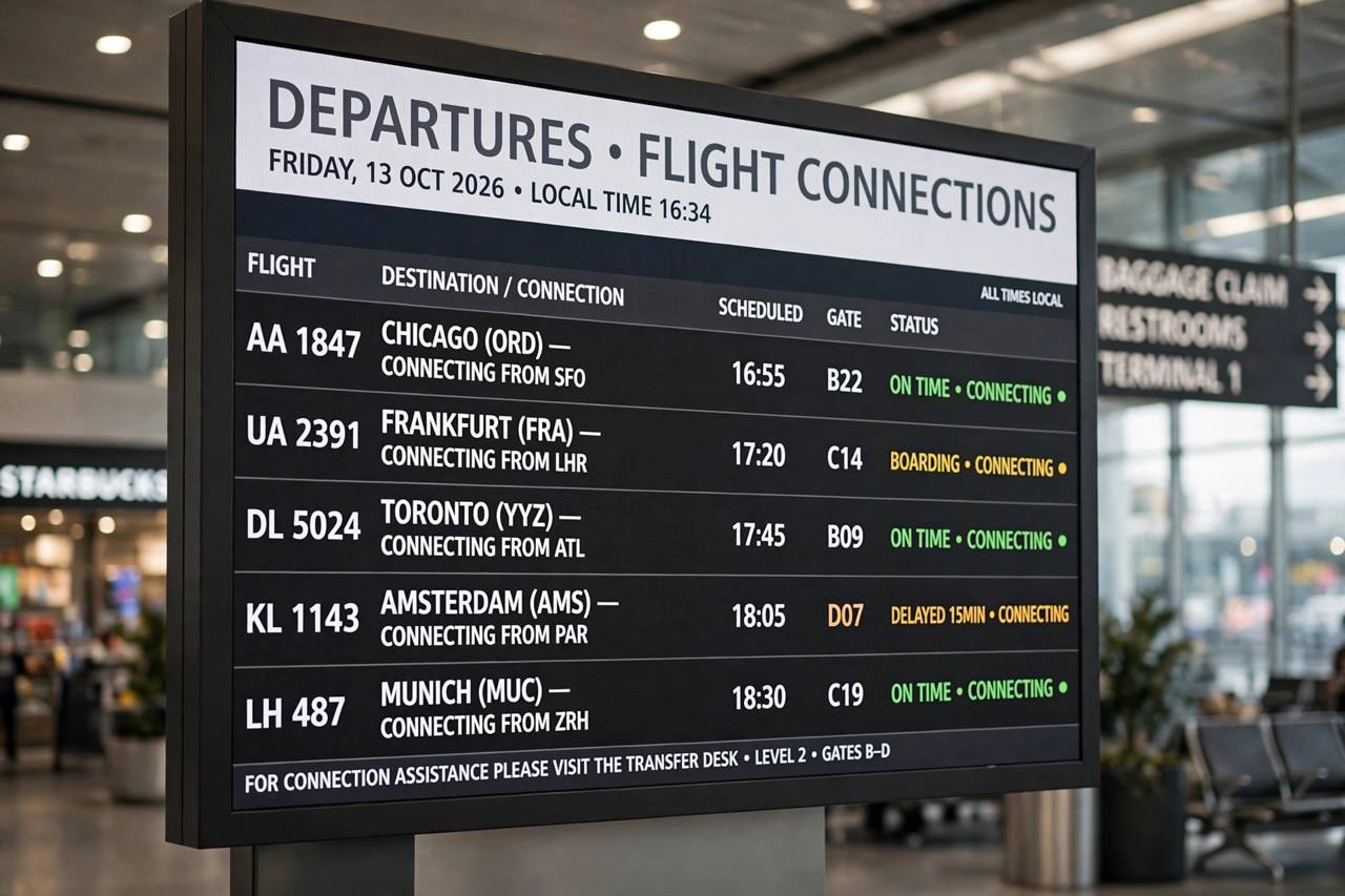 An airport departure board showing flight connections and gate information