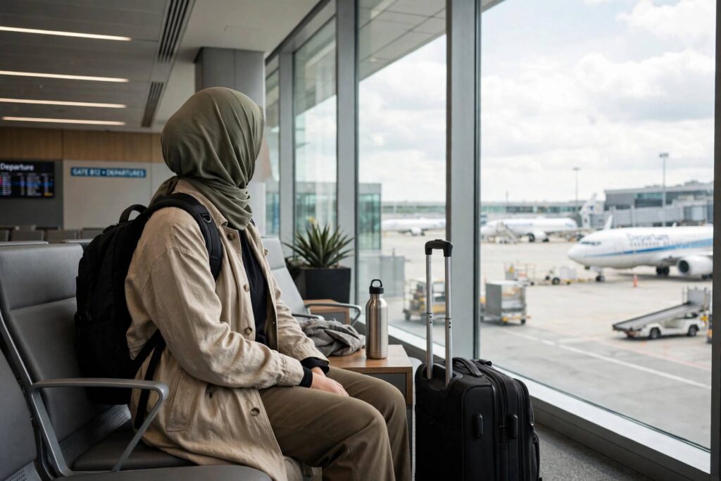 A traveler looking at a departure board in an airport during a long layover