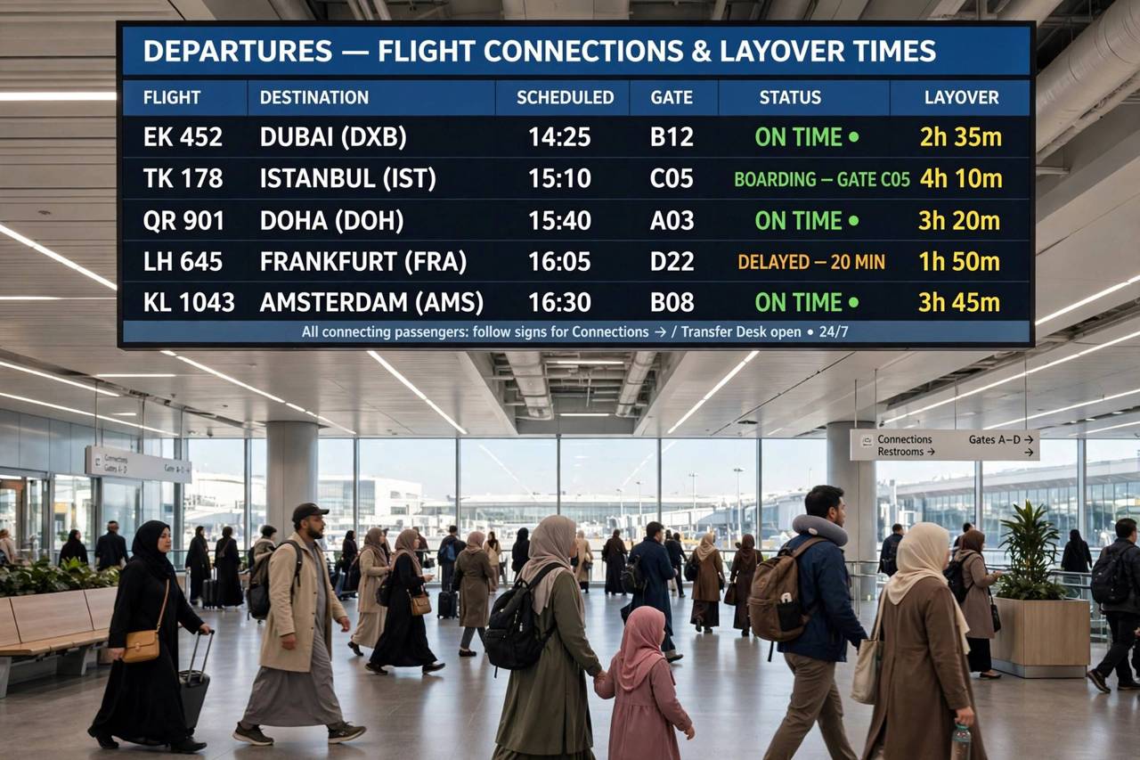 Travelers with luggage walking through a bright modern airport terminal