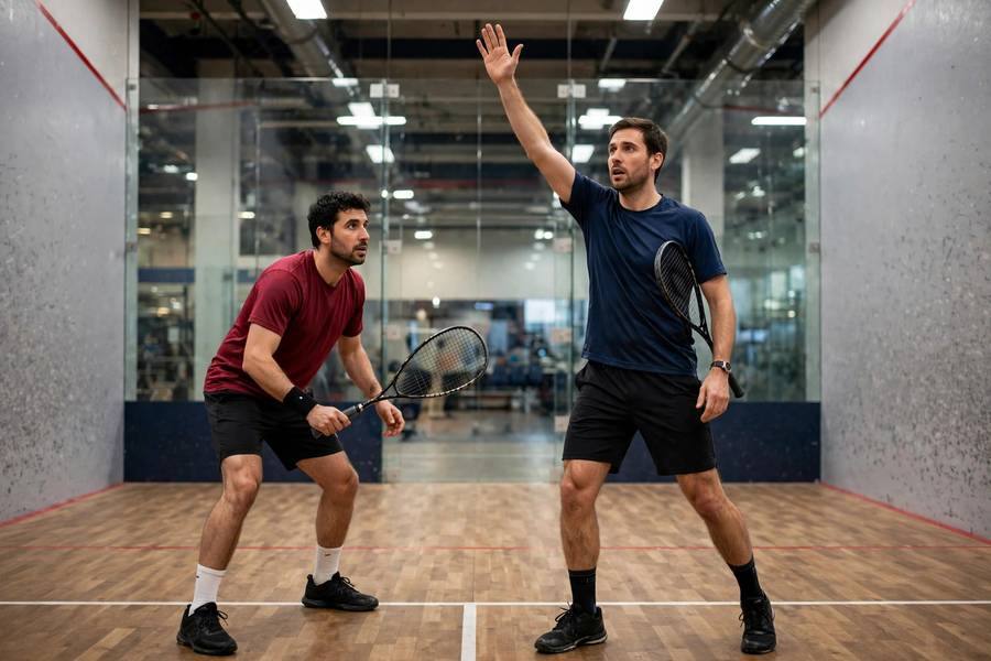 Photorealistic photo of a squash player raising hand to appeal for a let, opponent blocking the path, indoor court