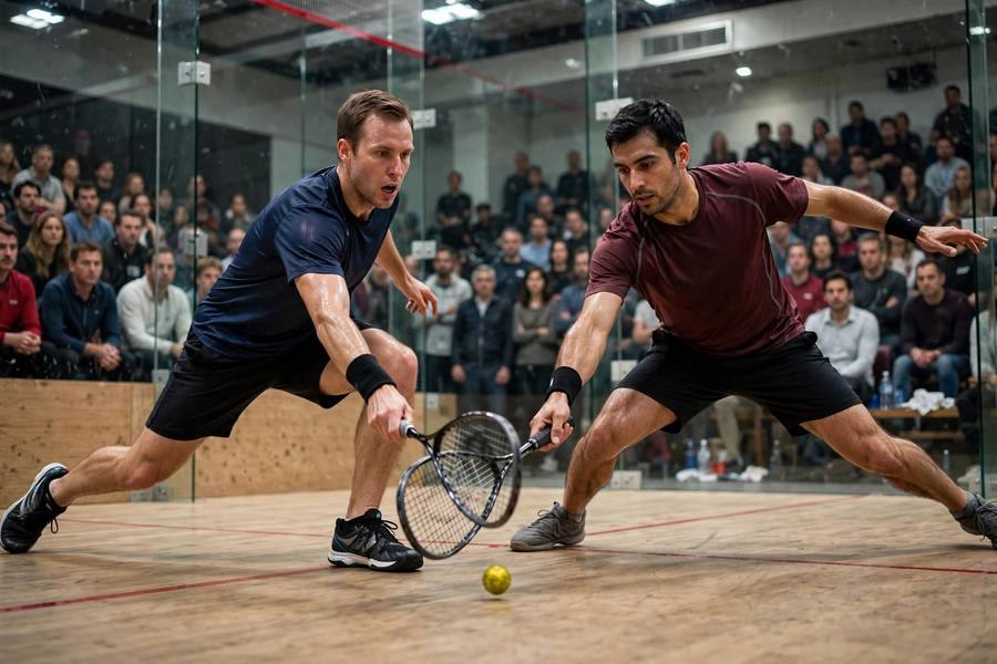 Photorealistic action shot of crowded mid-court squash interference, two players converging on the ball