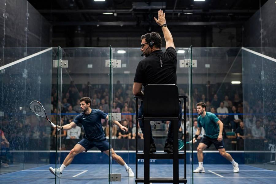Photorealistic image of a referee signaling a let decision during a competitive squash match