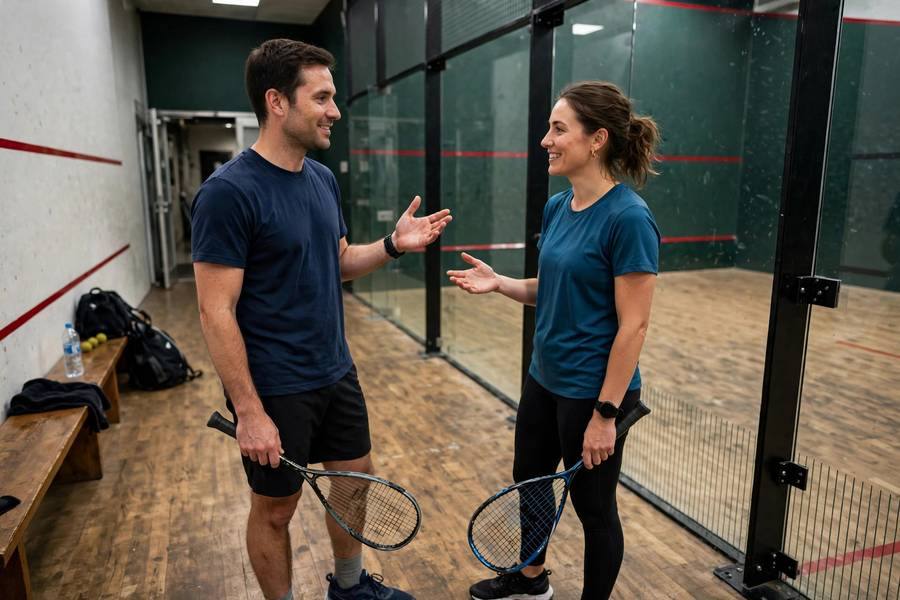 Photorealistic photo of two casual squash players discussing a let call amicably mid-game