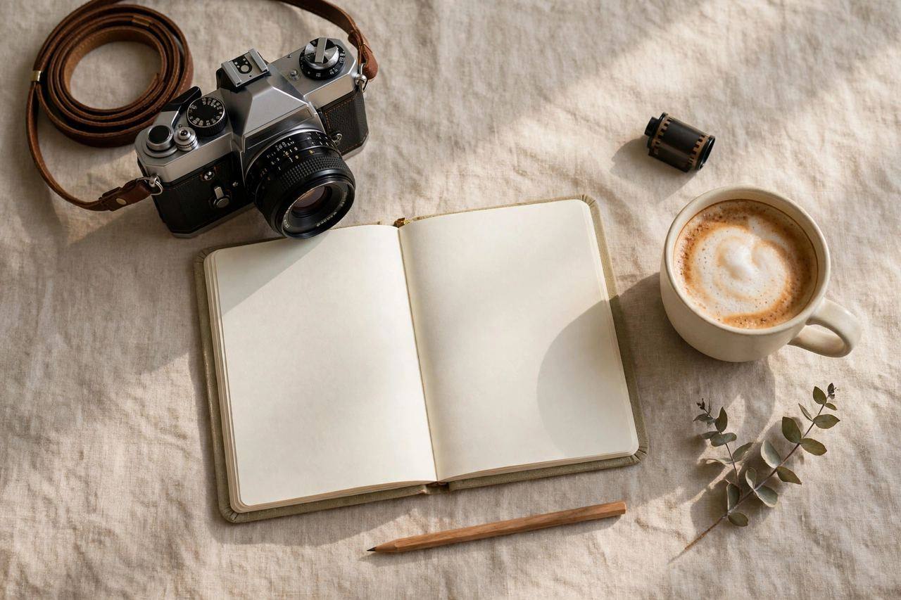 A flat lay of a camera, an open notebook, and a coffee cup on a linen tablecloth — the classic lifestyle blogger's toolkit