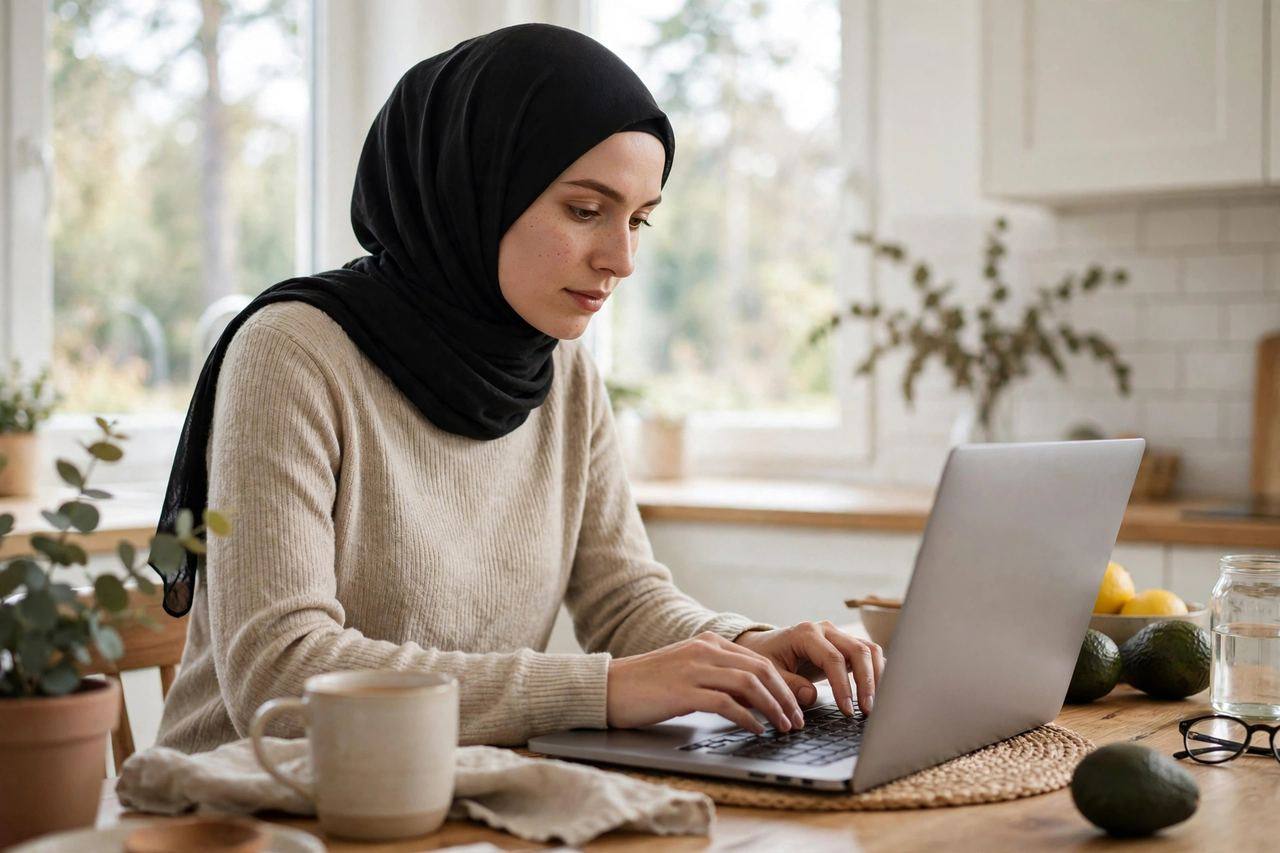 A person in a casual sweater typing on a laptop at a bright kitchen table, writing a new blog post