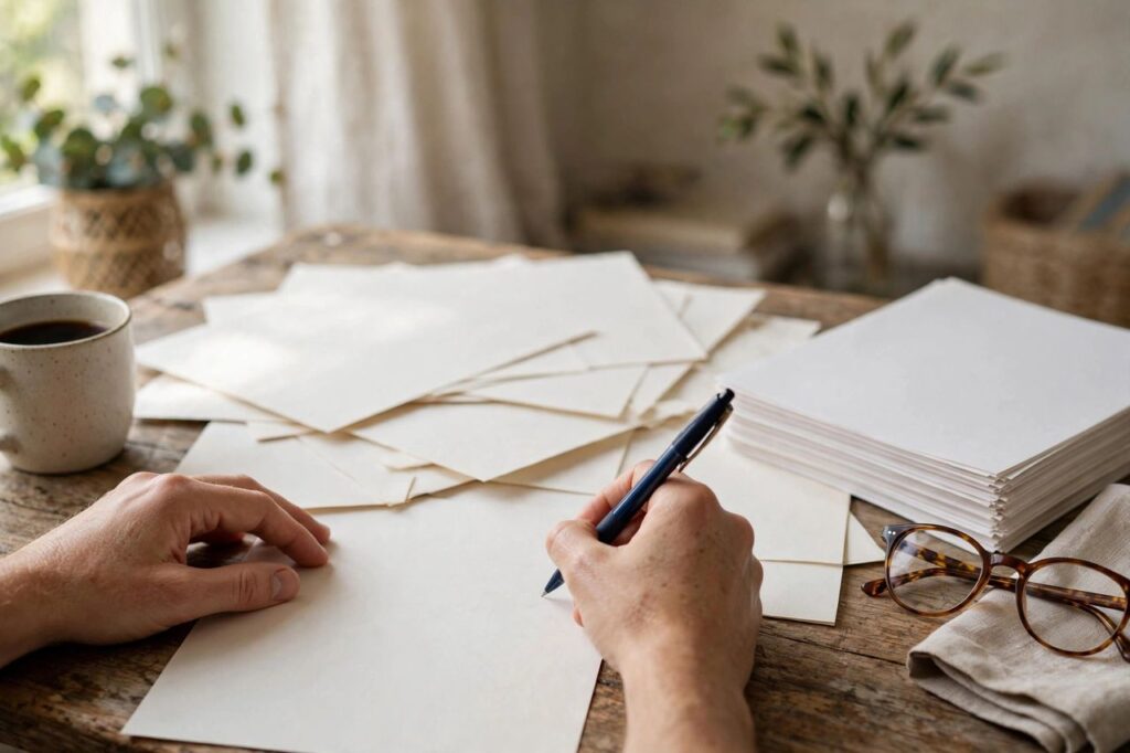 Person writing on legal documents at a desk with a pen and reading glasses