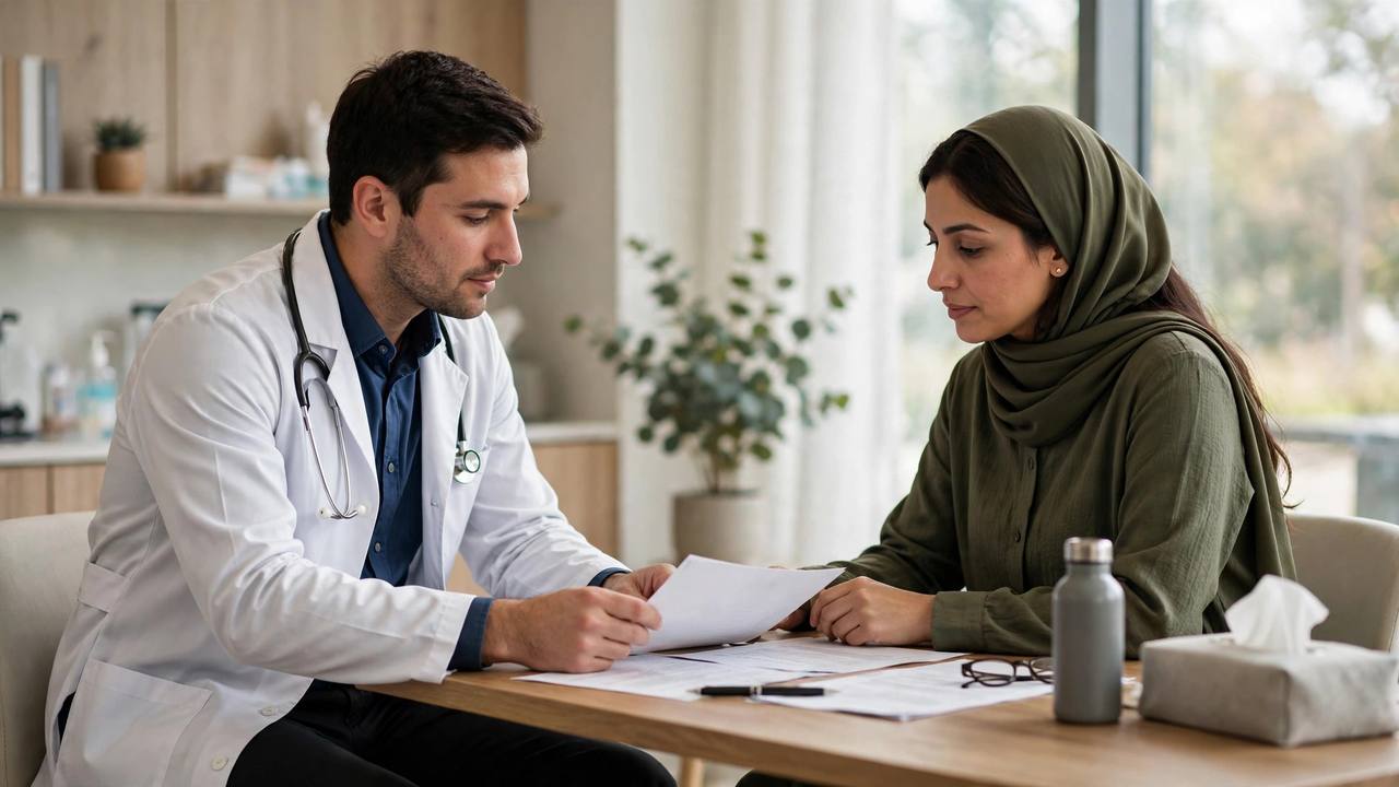 Doctor discussing advance care documents with a patient in a bright medical office