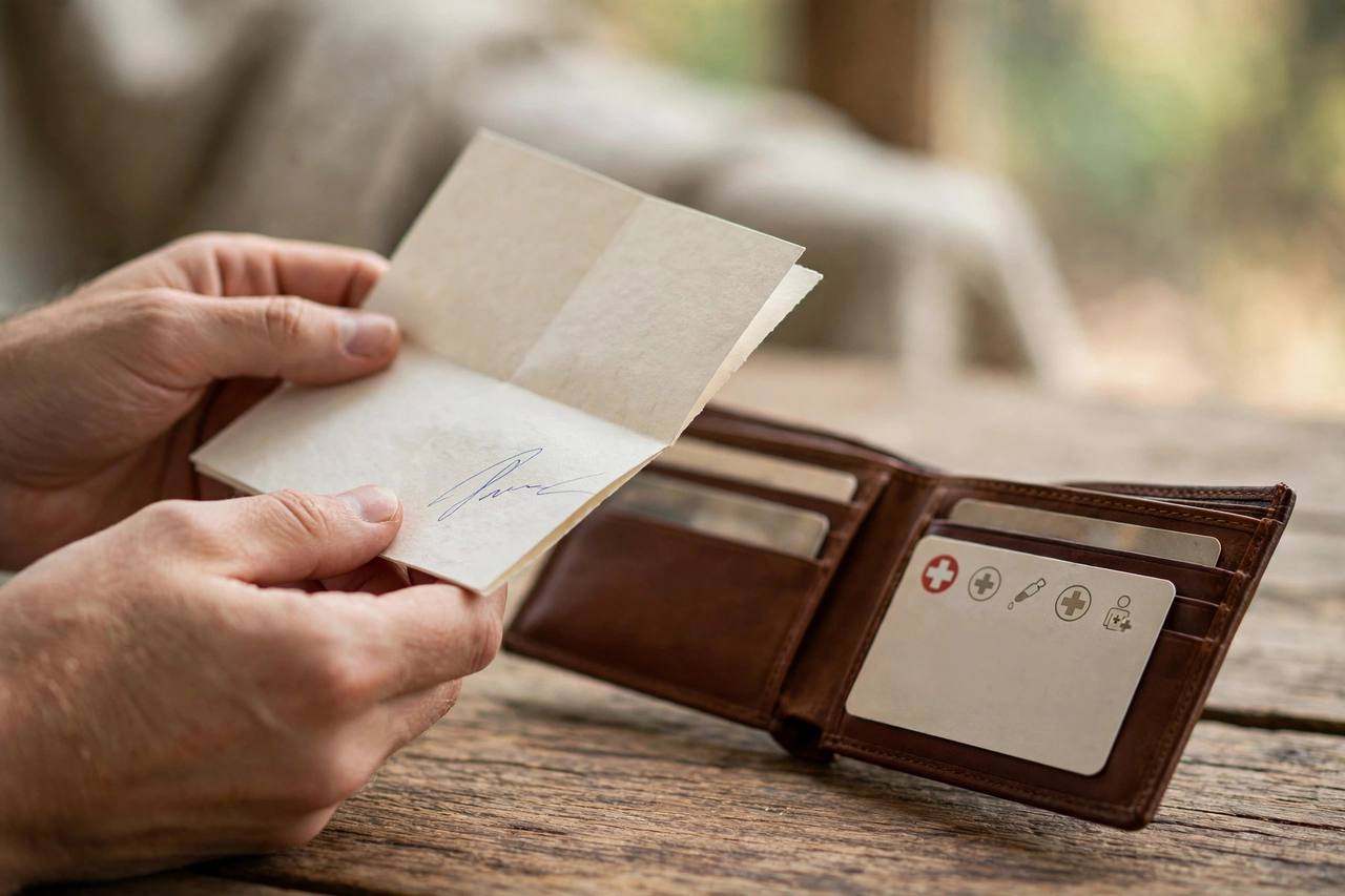 Hands holding a signed advance directive document beside a wallet card