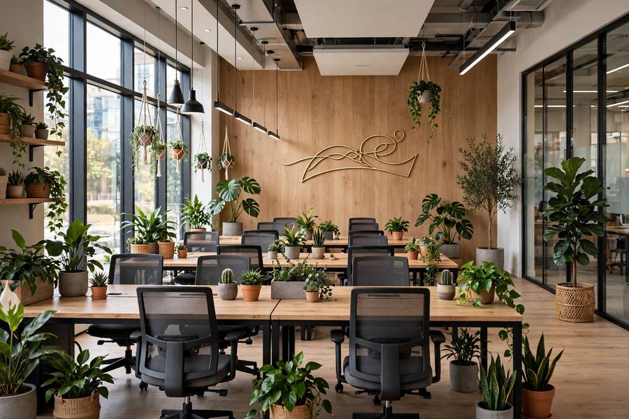Modern office interior with company values displayed on the wall