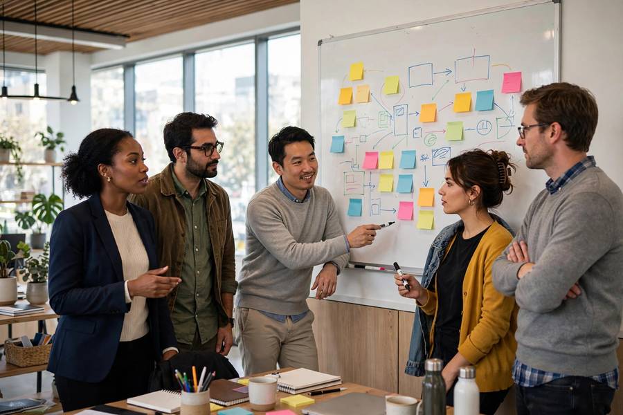 Small business team brainstorming mission statement wording on a whiteboard