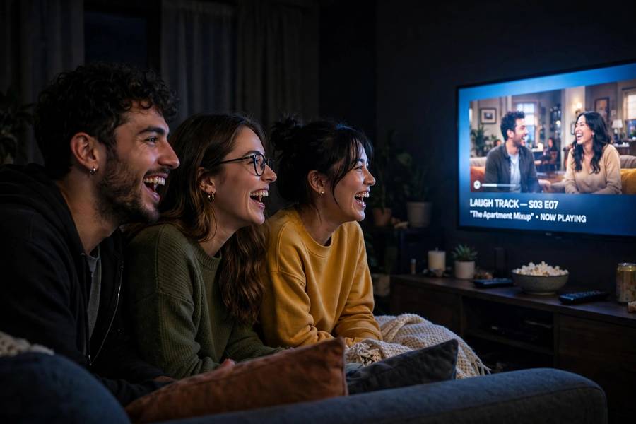 Friends laughing while watching a mockumentary comedy show